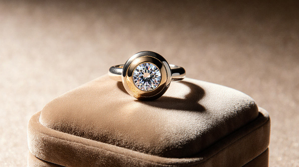 Gold ring rests atop velvet cushion on luxurious jewelry box with warm glow and champagne background