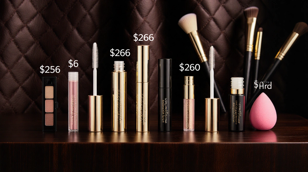 Luxury makeup counter displays high-end beauty products with prices and brushes on dark wood surface