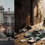 Homeless person huddles with scattered money under dim alley lights while mansion glows in background