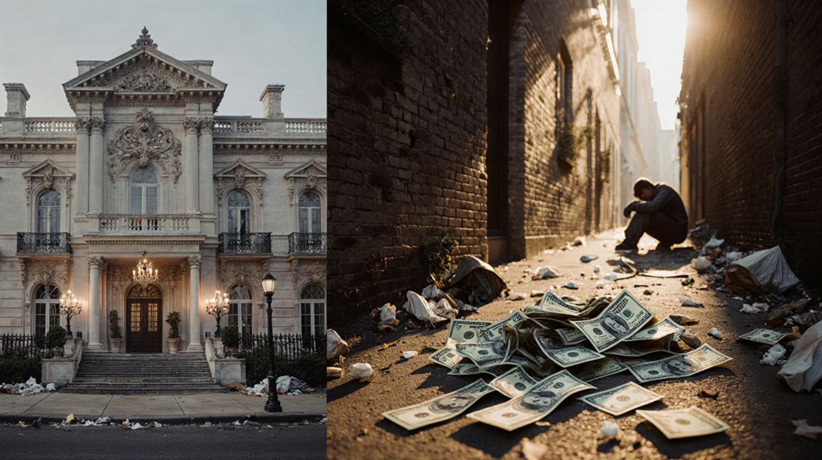 Homeless person huddles with scattered money under dim alley lights while mansion glows in background