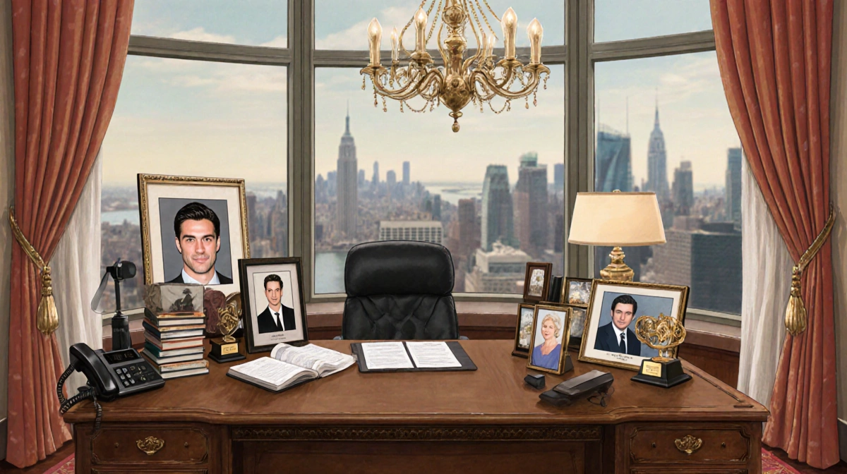 Luxury penthouse office desk holds celebrity photos and film awards with Manhattan skyline through window