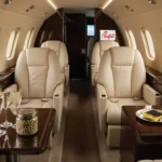 Luxury private jet cabin with champagne glass and caviar on table near Chick-fil-A box and ocean view