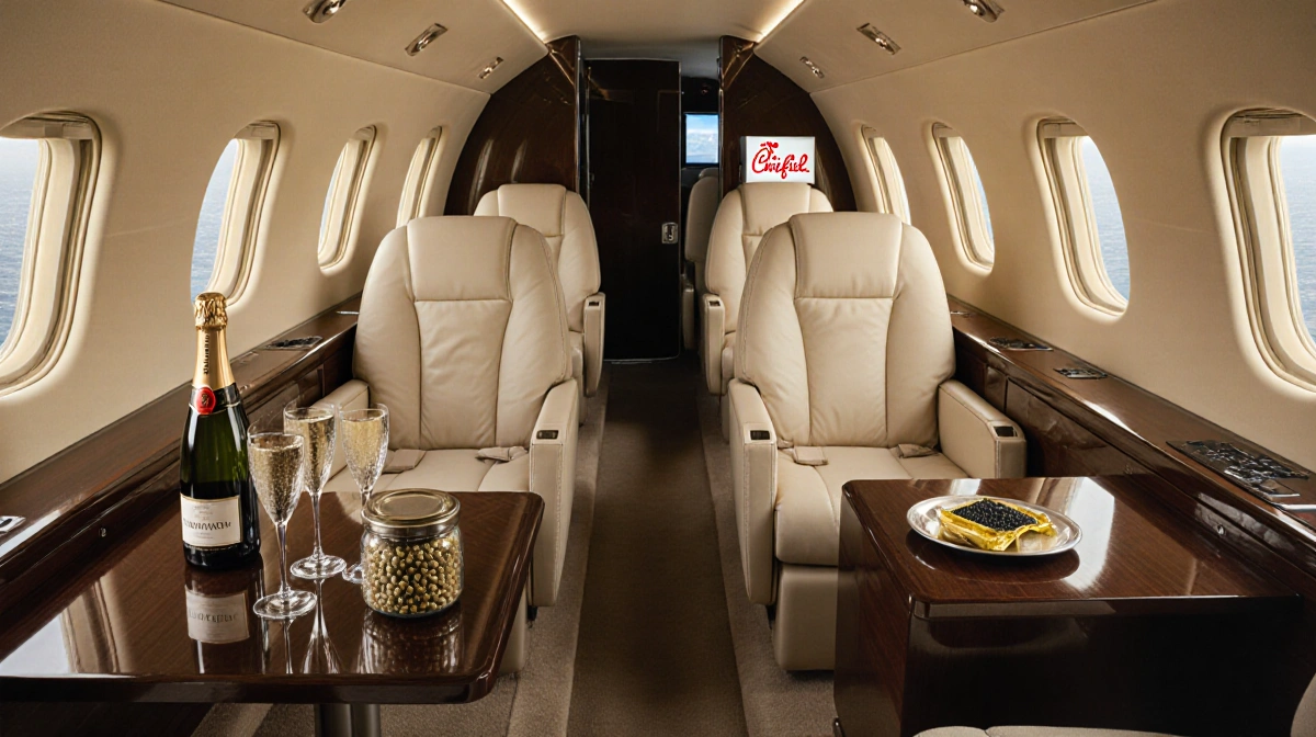 Luxury private jet cabin with champagne glass and caviar on table near Chick-fil-A box and ocean view