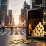 Luxury safe slightly ajar revealing gold coins spilling onto floor with golden glow and sunset skyline.