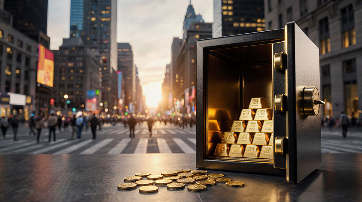 Luxury safe slightly ajar revealing gold coins spilling onto floor with golden glow and sunset skyline.