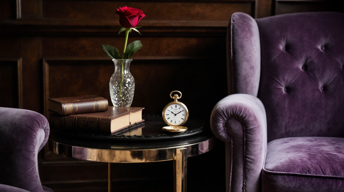 Elegant pocket watch rests on silver table with leather books and red rose in crystal vase