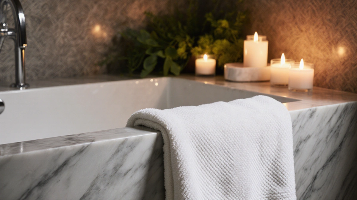 White luxury bath towel drapes across marble tub with candlelight and greenery creating spa atmosphere