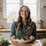 Lynsey Macfadyen holding a balanced meal with fresh fruits and leafy greens in a warm kitchen lit by natural light