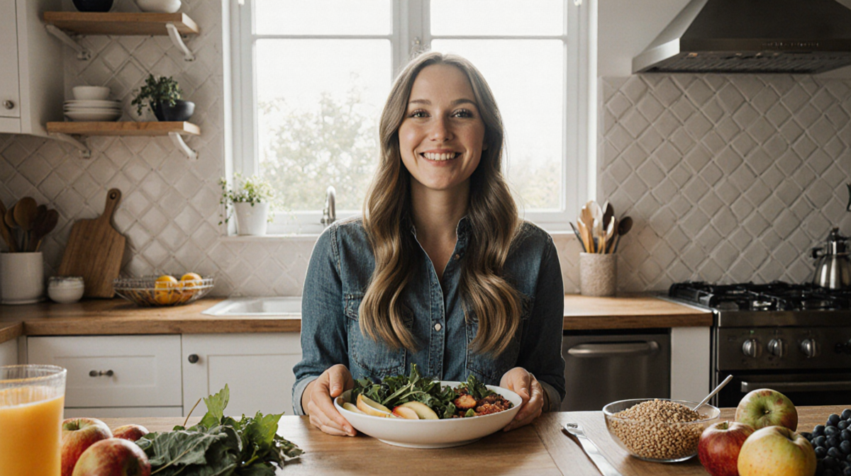 Lynsey Macfadyen holding a balanced meal with fresh fruits and leafy greens in a warm kitchen lit by natural light