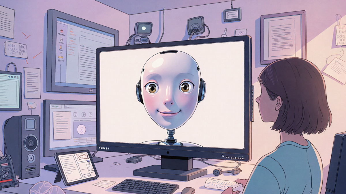 M3gan the android displaying an evolving smiling face with smart home devices and soft pastel lights in Gemma's living room