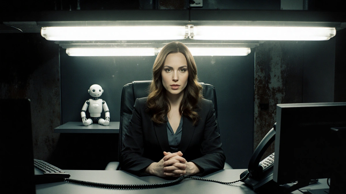 Jennifer Love Hewitt clutching phone receiver with M3GAN doll watching from shelf under flickering office lights