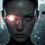 M3GAN looks down with an eerie eye glow and a blurred cityscape of shattered skyscrapers in background.