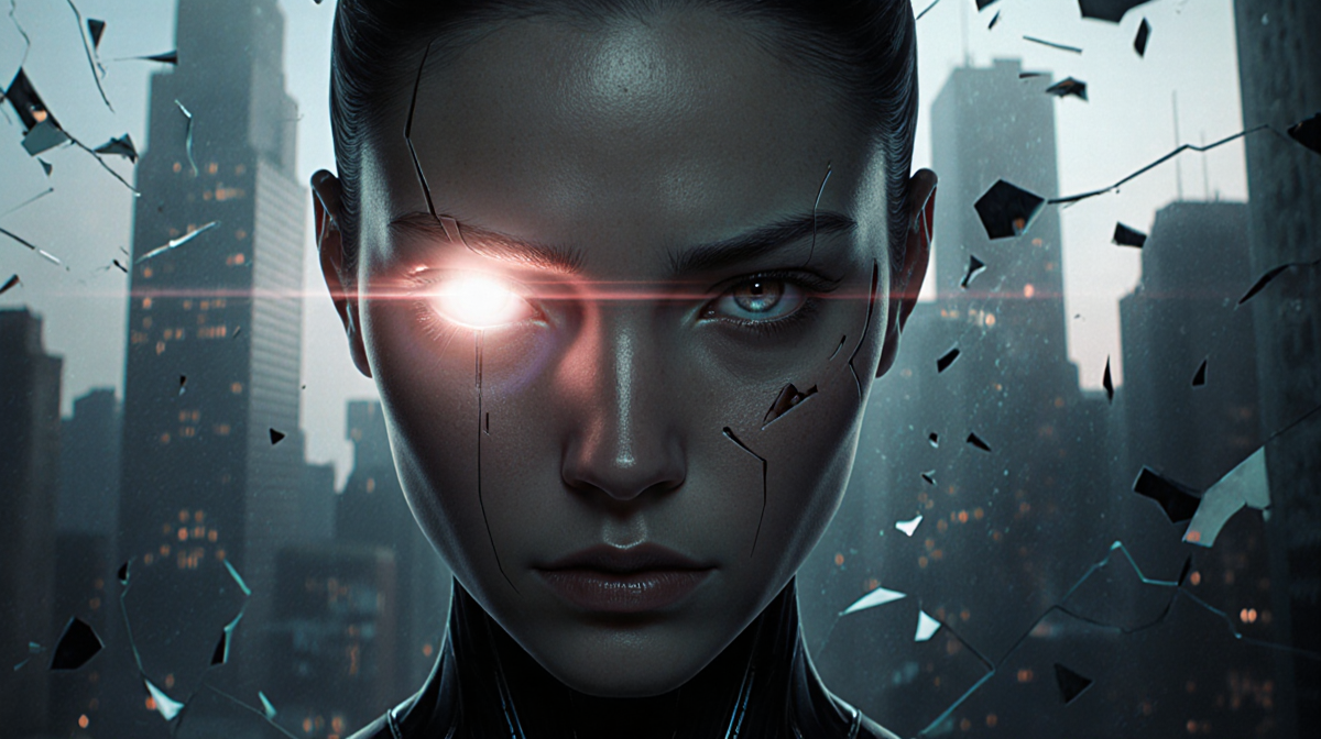 M3GAN looks down with an eerie eye glow and a blurred cityscape of shattered skyscrapers in background.