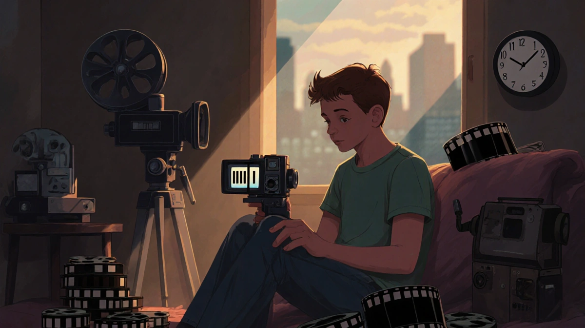 Macaulay Culkin holding a pause button on a film camera with paused reels and a nostalgic cityscape in the background