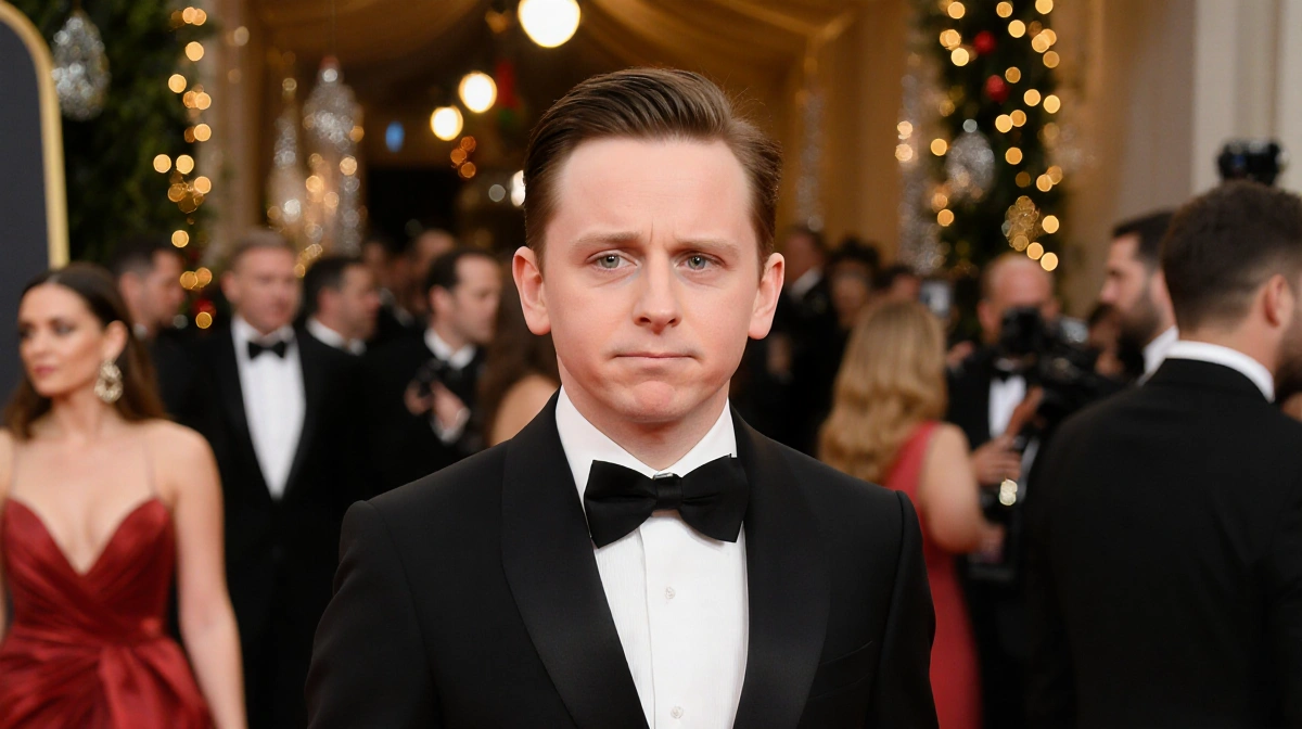 Macaulay Culkin walking red carpet in black tuxedo with golden lights and champagne glasses behind him