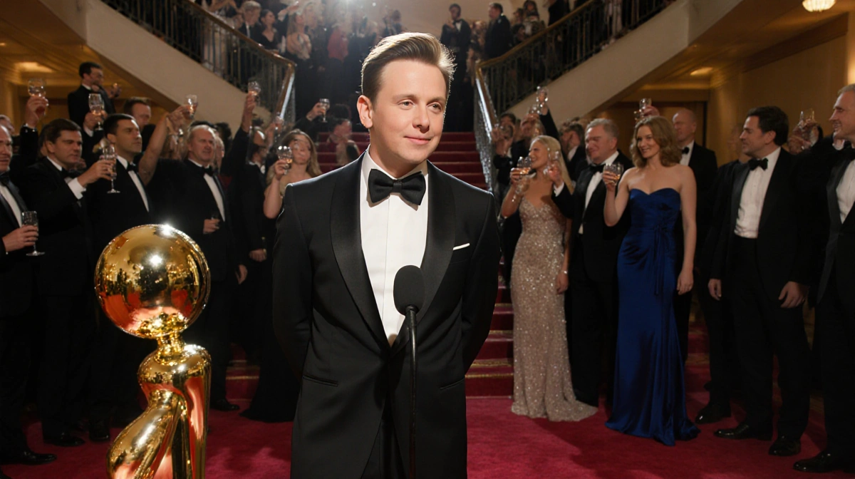Macaulay Culkin accepting Golden Globe with trophy and red carpet crowd behind him