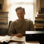 Macaulay Culkin sits looking at a VHS player with stacks of books and warm window light filling the nostalgic study