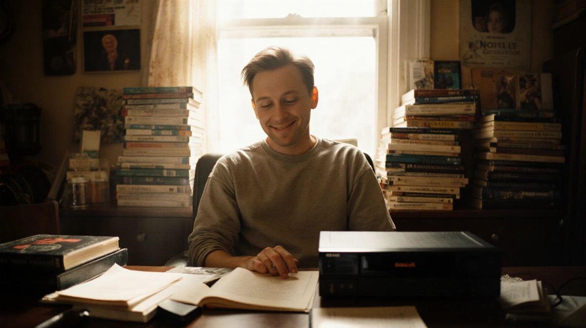 Macaulay Culkin sits looking at a VHS player with stacks of books and warm window light filling the nostalgic study