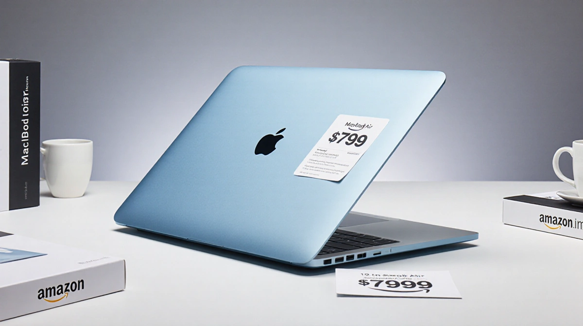 Sky-blue MacBook Air opens to reveal ultralight interior with Amazon box and price tag showing $799 deal