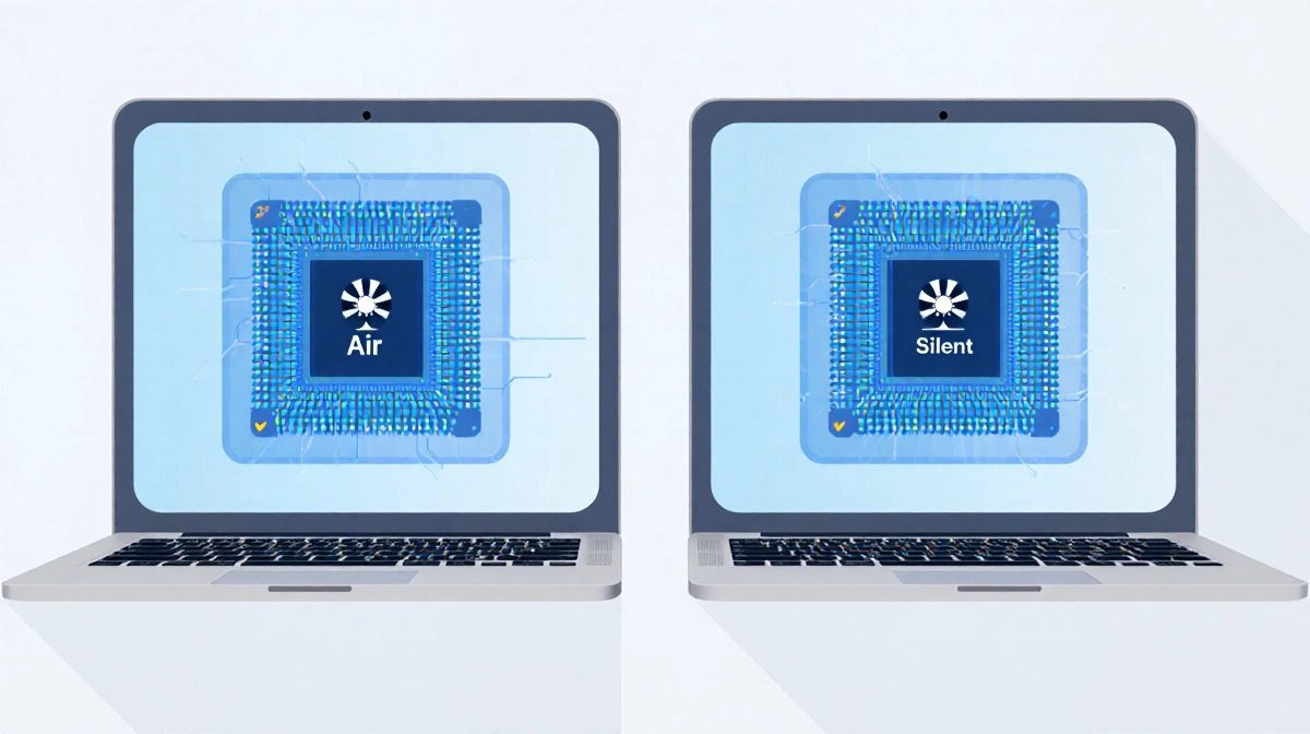 Two MacBook Air models sit side by side with visible Apple silicon chips and fan icons showing performance differences