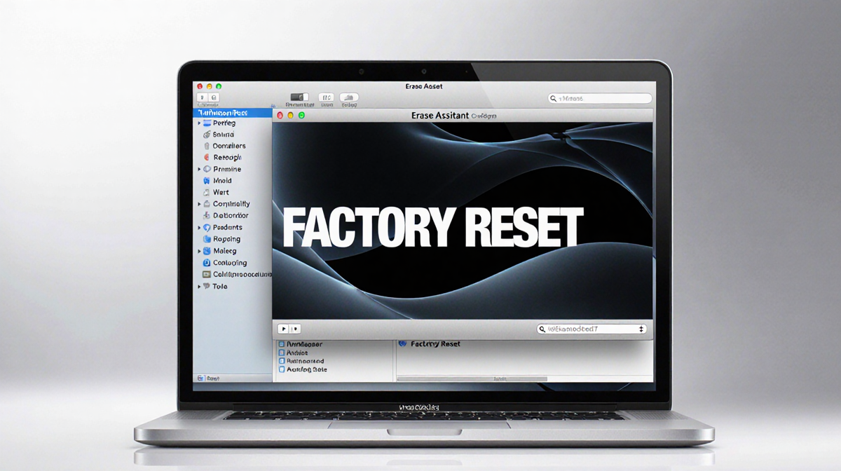 Modern MacBook showing Erase Assistant window with Factory Reset on silver gradient background and macOS Monterey interface