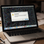 MacBook displays blank screen with faint grid pattern and Erase Now window with warm glow from desk background