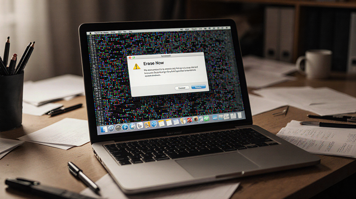 MacBook displays blank screen with faint grid pattern and Erase Now window with warm glow from desk background