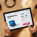 Smiling person holding MacBook Pro with discount deal on screen and tech accessories scattered on wood surface