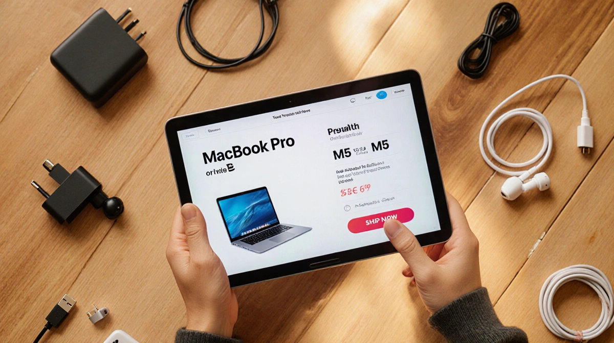 Smiling person holding MacBook Pro with discount deal on screen and tech accessories scattered on wood surface