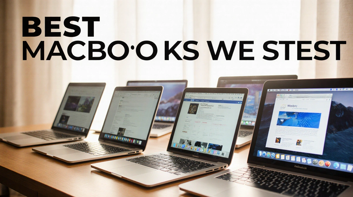 MacBooks lined up on wooden desk with warm window light and Best MacBooks title above laptops