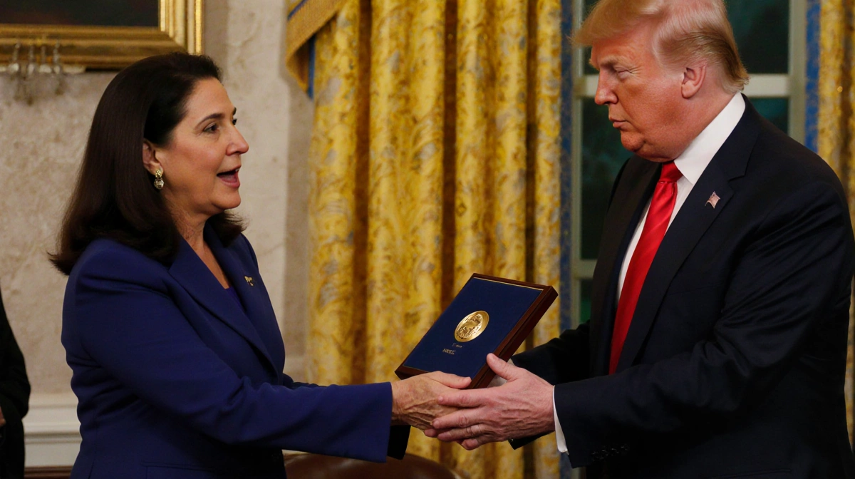 Maria Corina Machado presenting Nobel Peace Prize to Donald Trump with warm golden White House lighting and clasped hands