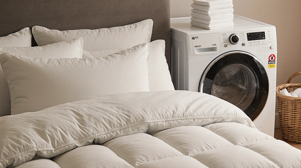 Soft luxurious comforter wraps pillows with washing machine and dryer sheets showing easy care instructions