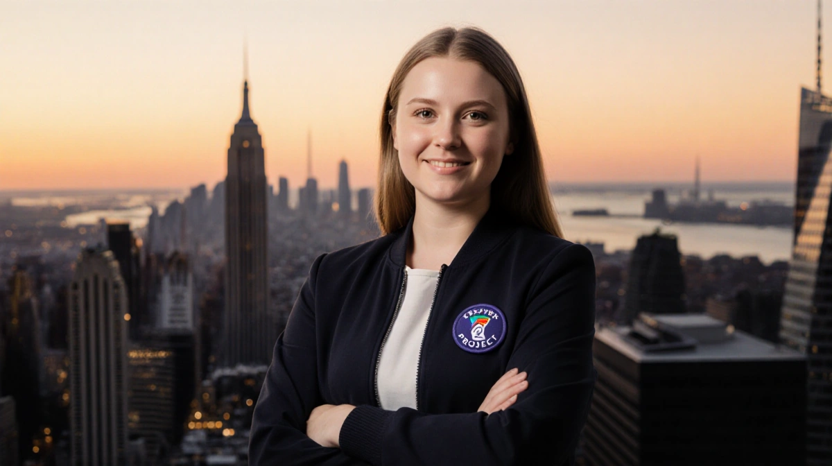 MacKenzie Scott stands confidently with arms crossed and Trevor Project pin on her jacket while city skyline glows behind her