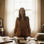 MacKenzie Scott writing at cluttered desk with books and papers showing philanthropy checks nearby