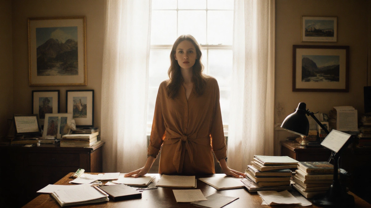 MacKenzie Scott writing at cluttered desk with books and papers showing philanthropy checks nearby