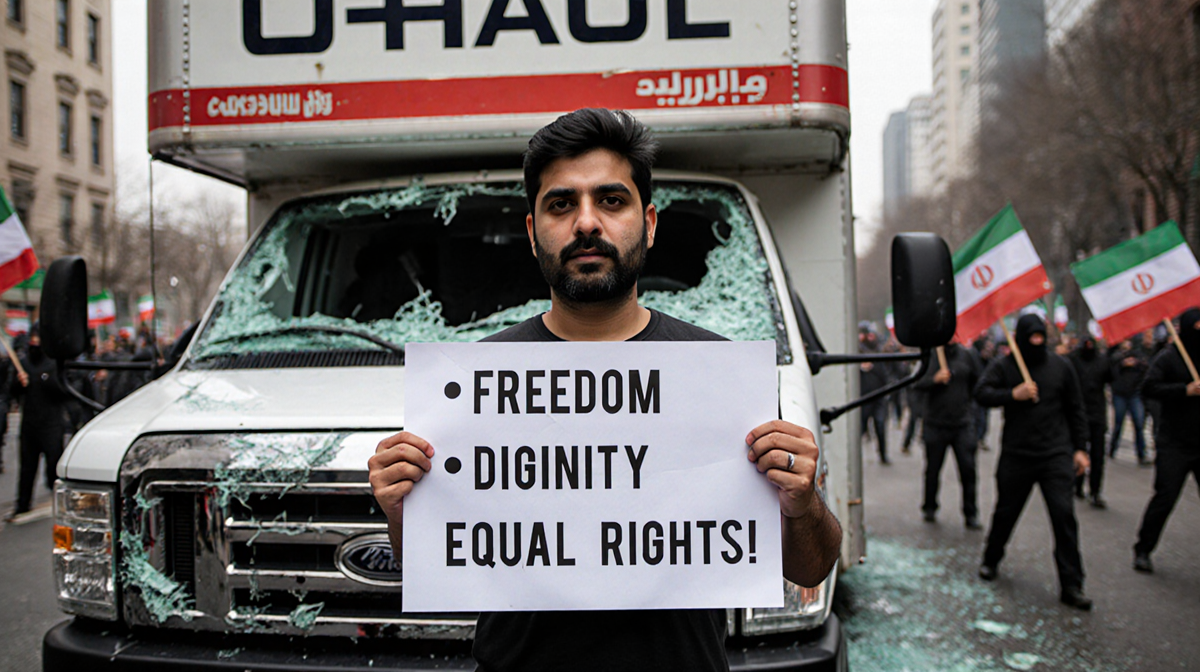 Calor Madaneschtalor holding a sign with freedom beside a U-Haul truck with shattered glass and protesters loom