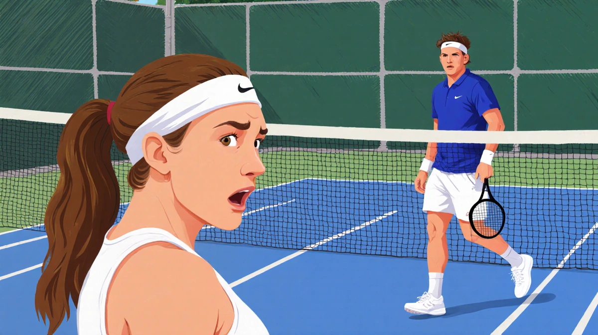 Maddison Inglis stands on tennis court with determined look as Jason Kubler walks behind her