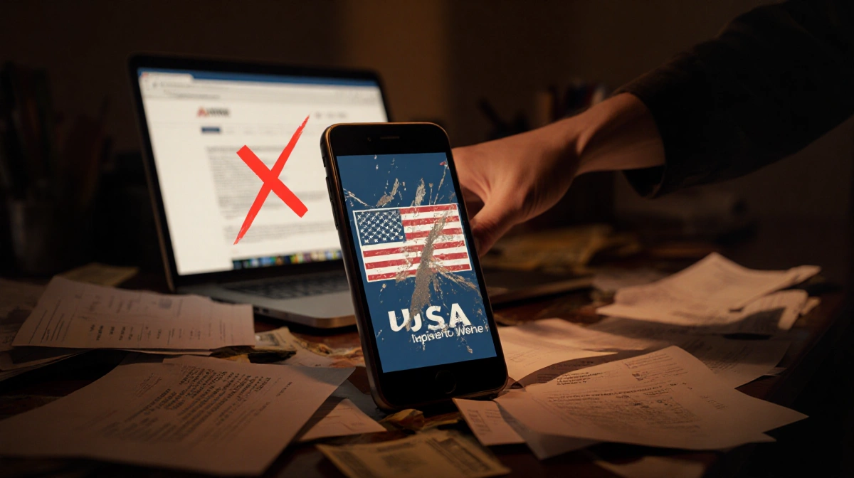 Hand reaching for phone with scratched-off Made in USA logo on cluttered desk with bills and blurred website showing red X