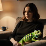 Madeleine Cameron sits on couch with Lucky the chameleon perched on her lap lamp light highlights green skin coffee nearby