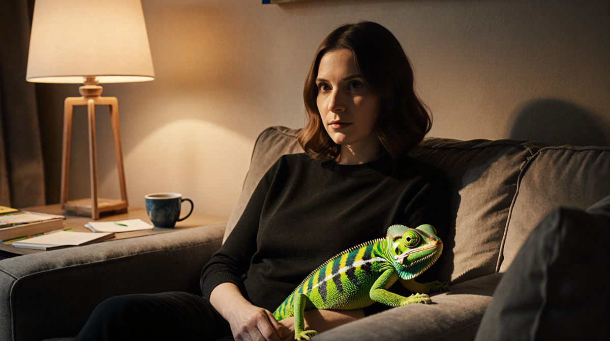 Madeleine Cameron sits on couch with Lucky the chameleon perched on her lap lamp light highlights green skin coffee nearby