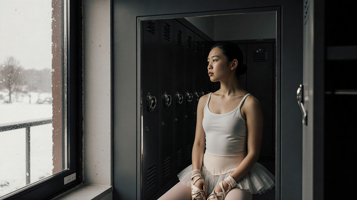 Madeline a former ballet dancer reflects in locker room mirror with worn ballet shoes and winter landscape outside window
