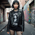Madeline Woo stands confidently with a graffiti wall and a chain necklace while tattoos show beneath jacket and defiant gaze
