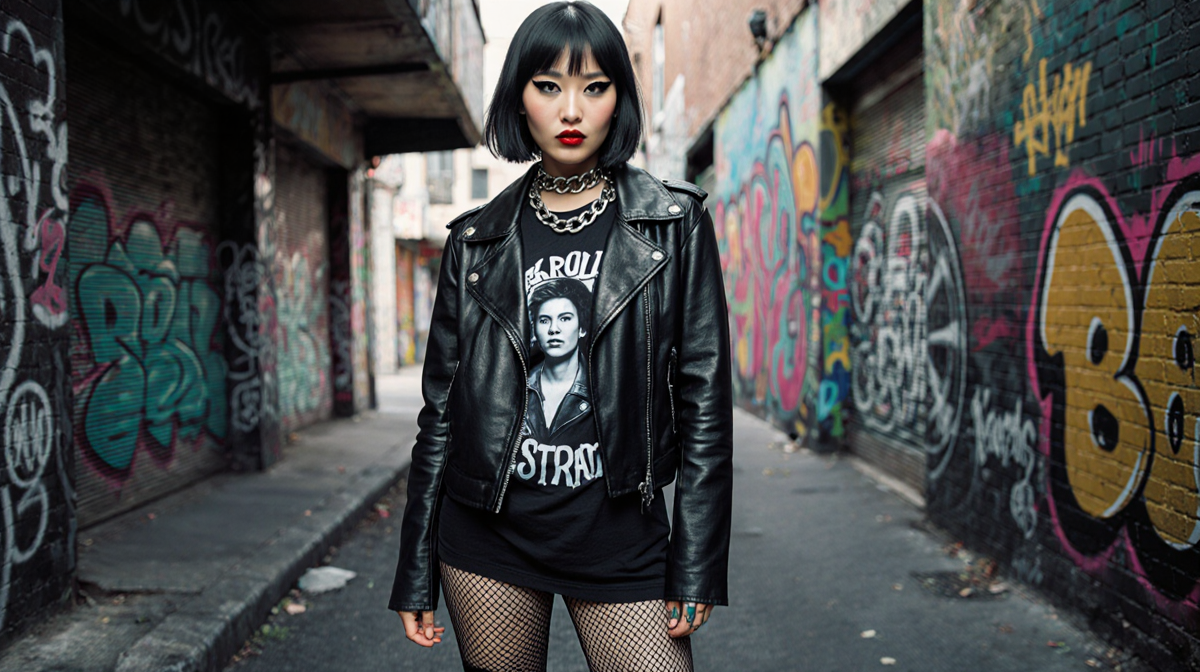 Madeline Woo stands confidently with a graffiti wall and a chain necklace while tattoos show beneath jacket and defiant gaze