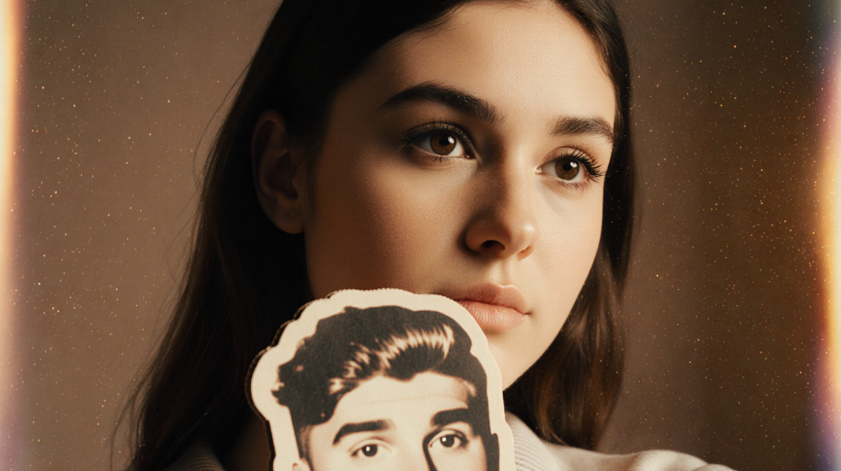 Madison Beer holding a cardboard cutout of Justin Bieber with sparkling eyes and soft golden light creating a nostalgic glow.