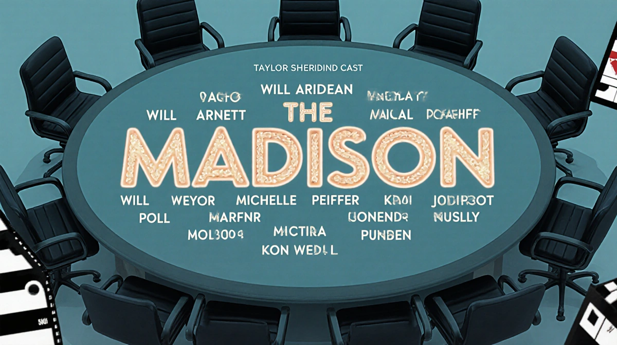 Circular table holds empty chairs with cast names and faces illuminated around the center and film strips bordering the scene