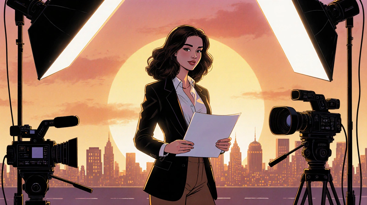 Madison Clapp stands on film set with script and camera equipment showing sunset skyline