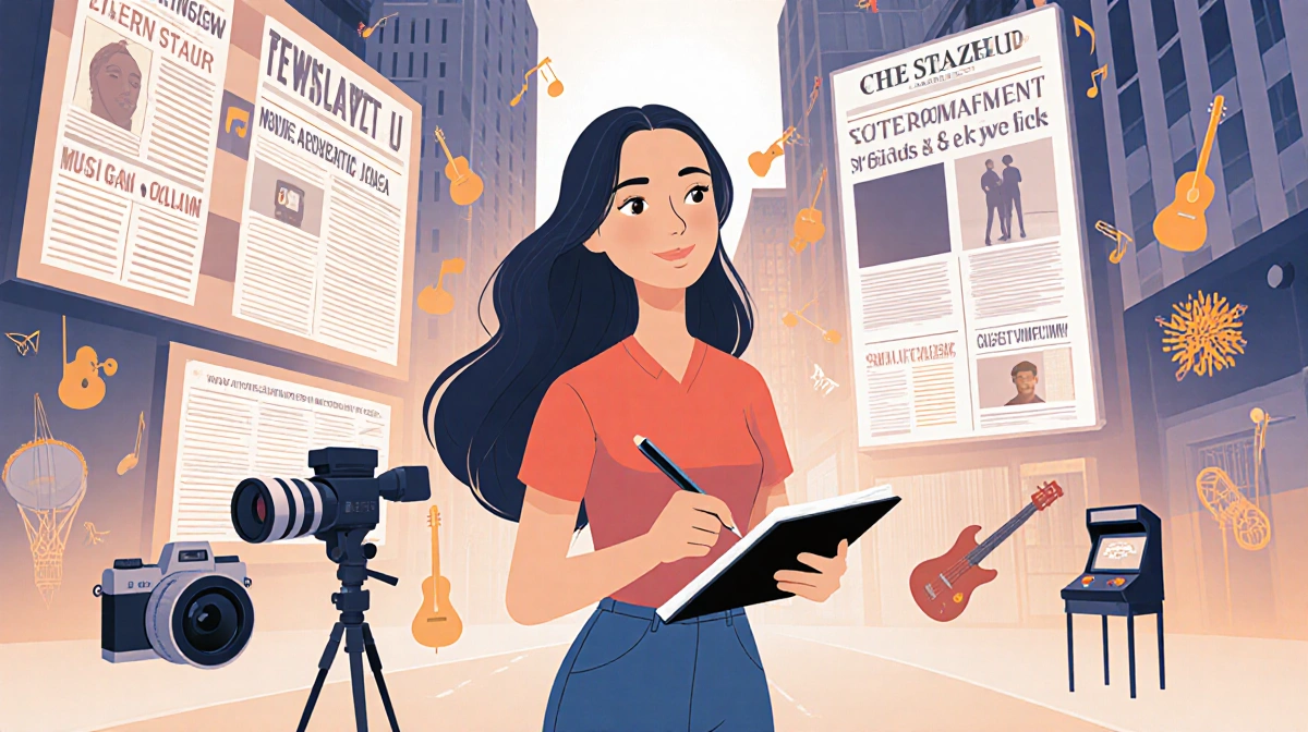 Madison E. Goldberg reporting live with notebook and pen while entertainment headlines flash on giant screens behind her