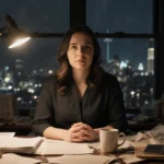 Madison E. Goldberg writing at vintage news desk with scattered papers and city lights through window