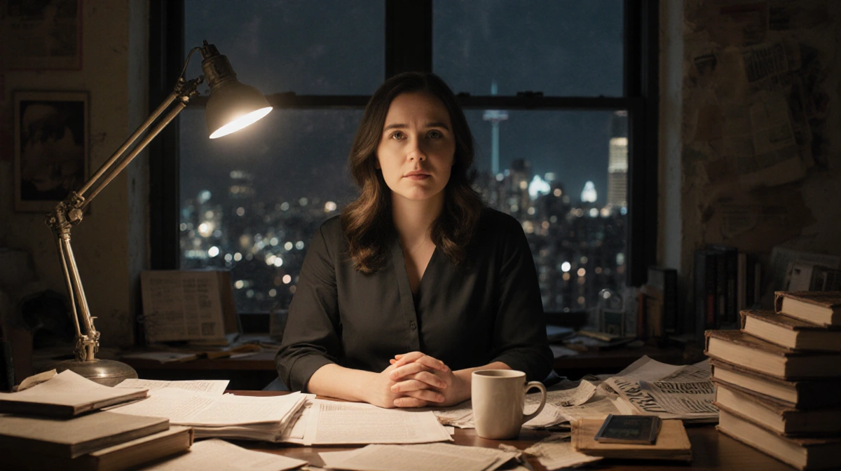 Madison E. Goldberg writing at vintage news desk with scattered papers and city lights through window