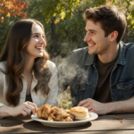 Madison LeCroy and Austen Kroll laughing while sharing comfort food at rustic table with soft sunlight and autumn greenery.